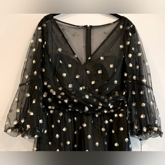 NWT, Adrianna Papell "Glitter Tulle Long Dress" in Black w/ Puff Sleeve, Size 8 - Picture 5 of 12